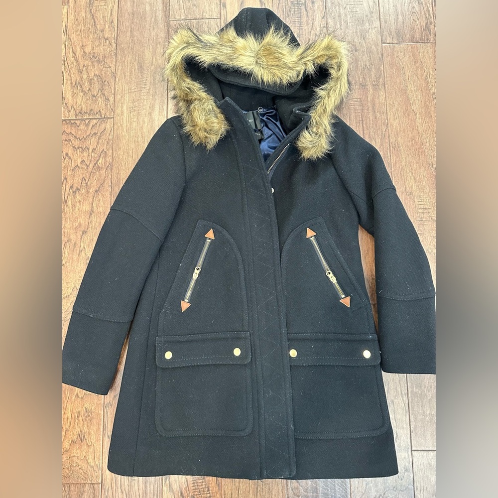 Black J.Crew Chateau parka in Italian stadium-cloth with fur hood in size 0.